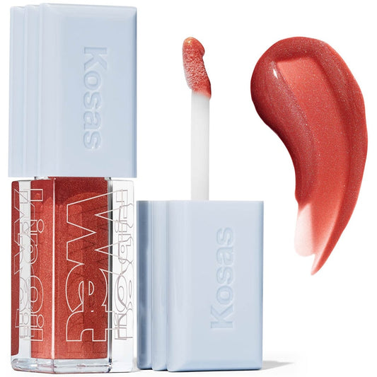 Kosas Cosmetics Wet Lip Oil Gloss - Dip (4.6 ml) showing spreading wand and product swatch