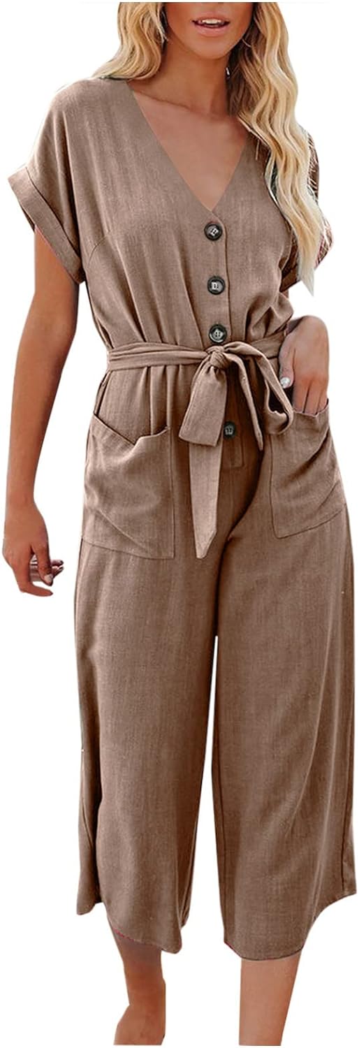 Jumpsuits for Petite Women Casual Short Sleeve Button down Wrap V Neck Belted Wide Leg Pants Romper with Pockets